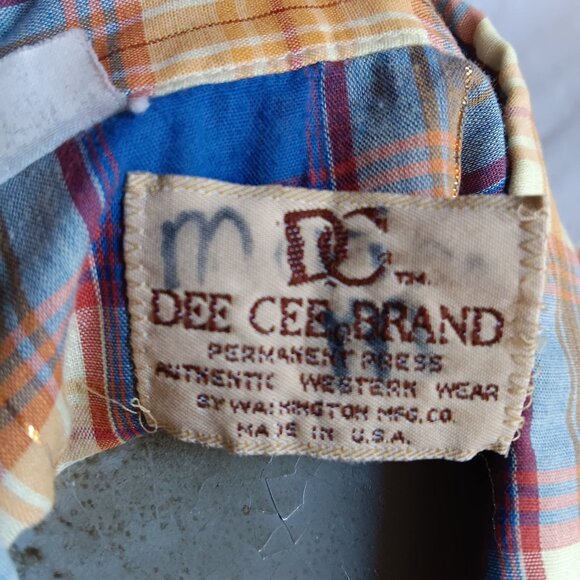 Large Vintage Western Shirt Mens Shiny Gold Plaid Ultra Thin 16.5 34 Dee Cee 80s - Picture 9 of 10